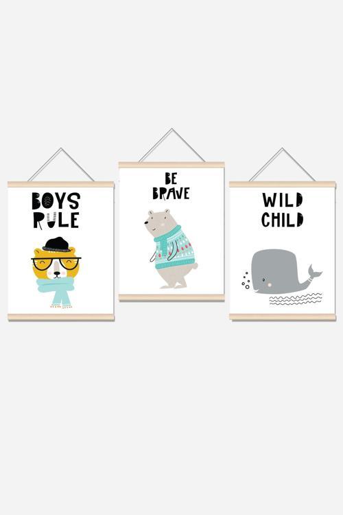Kopya - Sevimli Hayvanlar Ip Askılı Çocuk Odası Kanvas Poster Tablo Duvar Dekoru (3'Lü Set)