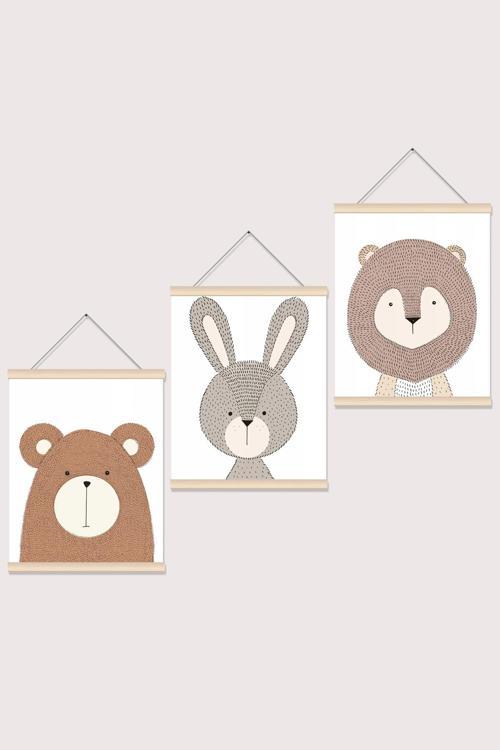 Aslan Maymun Ayı Desenli Çocuk Odası İp Askılı Kanvas Poster Tablo Duvar Dekoru