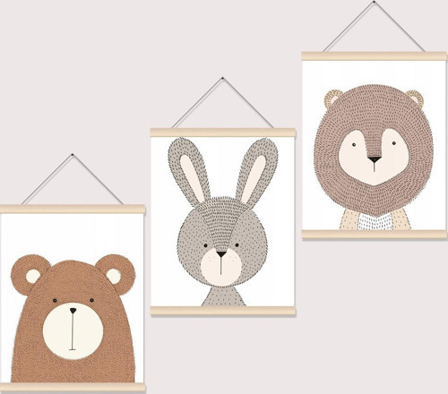 Aslan Maymun Ayı Desenli Çocuk Odası İp Askılı Kanvas Poster Tablo Duvar Dekoru