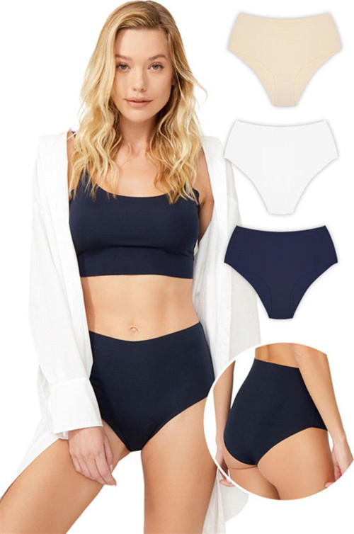 Yüksek Bel Basic Lazer Kesim Bikini Külot 3'lü Paket - 3