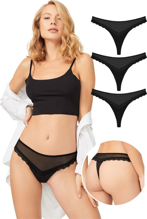 Tül ve Dantel Detaylı Kadın Tanga 3'lü Paket Külot - 4