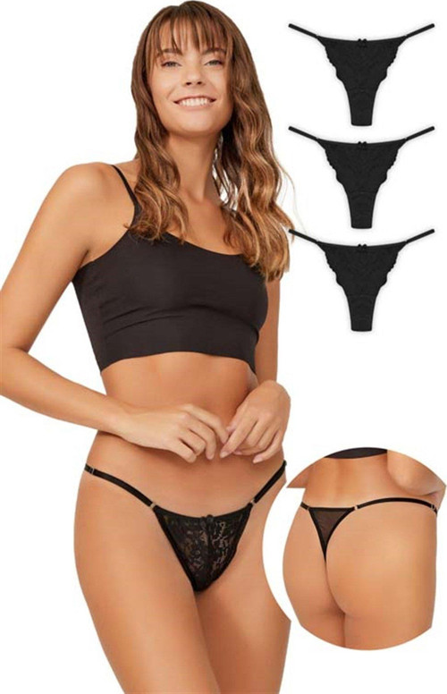 Önü Dantelli Tül Detaylı Kadın Tanga 3'lü Paket Külot - 4