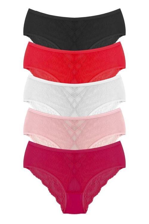 Transparan Tüllü Dantel ve Taş Detaylı Özel Bölgesi Açık Büyük Beden Kadın Tanga Külot 5'li Paket