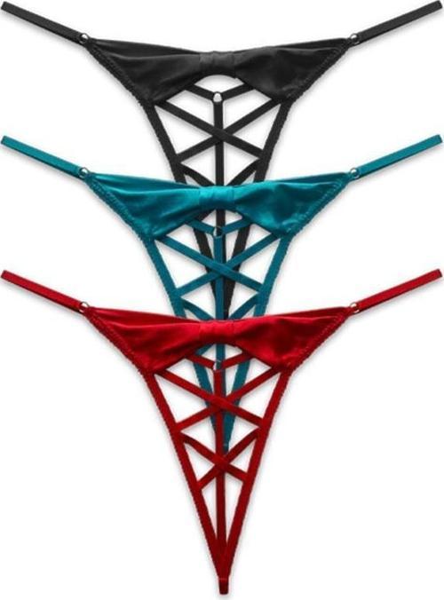 Saten Özel Bölgesi Açık Ayarlanabilir Lastikli Kadın String Külot 3'lü Paket