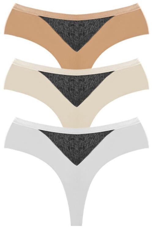 File Detaylı Beli Lastikli Lazer Kesim Büyük Beden Kadın Tanga Külot 3'lü Paket-2