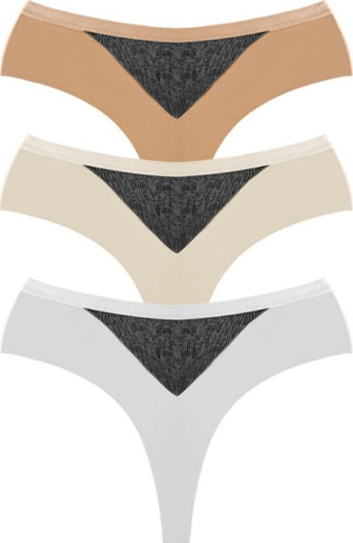 File Detaylı Beli Lastikli Lazer Kesim Büyük Beden Kadın Tanga Külot 3'lü Paket-2
