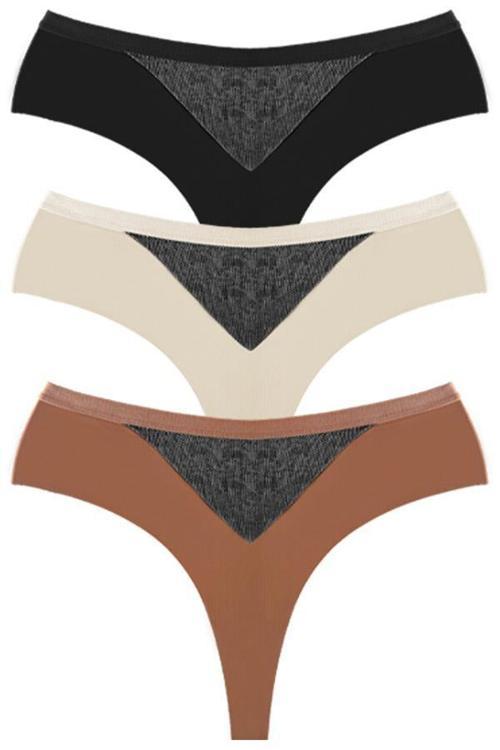 File Detaylı Beli Lastikli Lazer Kesim Büyük Beden Kadın Tanga Külot 3'lü Paket