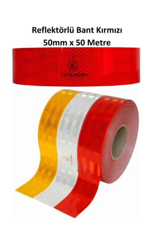 Tüvtürk Onaylı Reflektörlü Fosforlu Şerit Bant Reflek Ikaz Bandı Kırmızı 50Mm X 50 Metre 1 Top