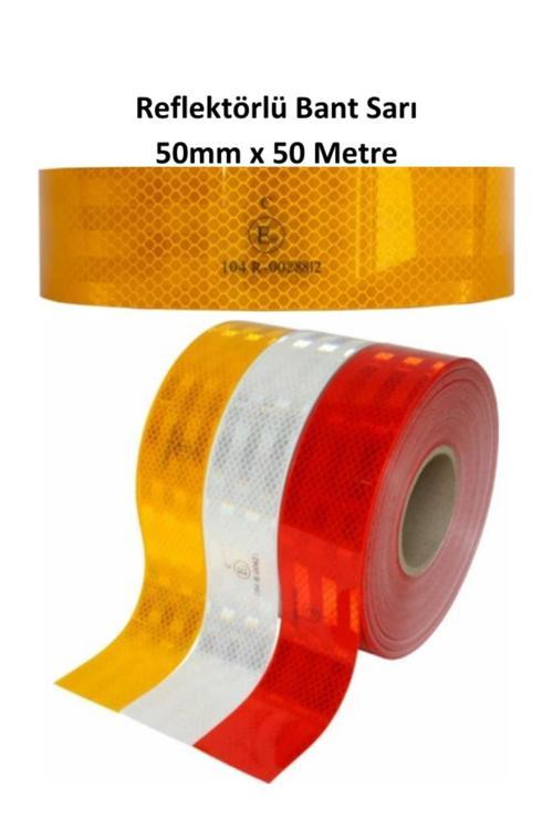 Tüvtürk Onaylı Reflektörlü Fosforlu Şerit Bant Reflek Ikaz Bandı Sarı 50Mm X 50 Metre 1 Top