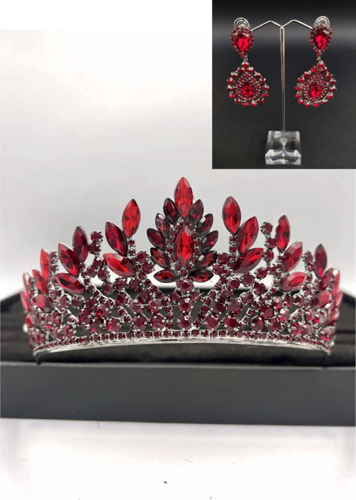 Bordo Kristal Taşlı Şık Ve Zarif Düğün Ve Nişan Gelin Tacı Ve Küpe Seti