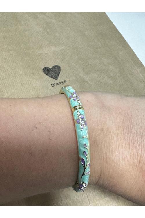 Dd499 Vintage Yeşil Mor Çiçek Desenli Mineli Gold Kelepçe Bileklik