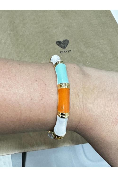 Dd504 Vintage Turuncu & Turkuaz Bambu Desenli Gold Kelepçe Bileklik