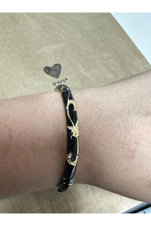 Dd500 Vintage Siyah Gold Mineli Desenli Taşlı Gold Kelepçe Bileklik