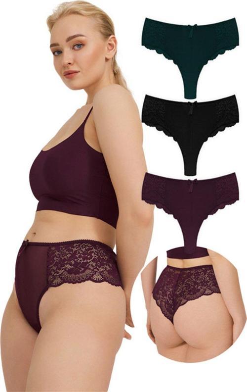 Dantelli Tül Detaylı Büyük Beden Kadın Brezilya 3'lü Paket Külot