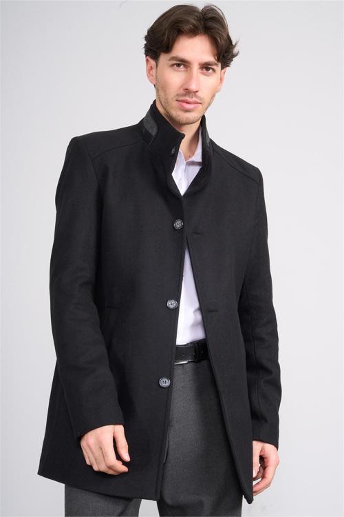 Çetinkaya Mentality 7850 Erkek Dik Yaka Regular Kaşe Kaban Siyah