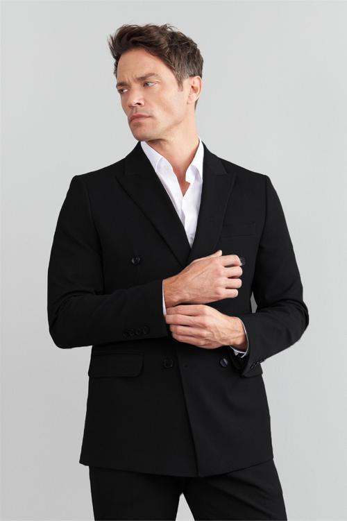 3474 Erkek Loco Kruvaze Sivri Yaka Slimfit Takım Elbise Siyah