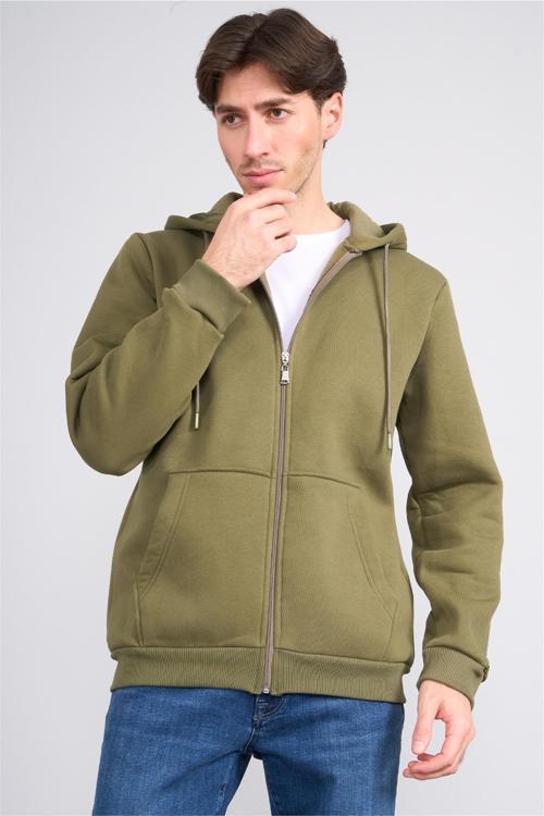 Çetinkaya Mentality 3034 Erkek 3 İplik Kapüşonlu Fermuarlı Sweatshirt Haki