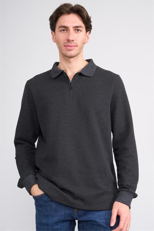 Çetinkaya Mentality 4415 Erkek Fermuarlı Dik Yaka Petek Örgü Sweatshirt Antrasit