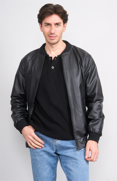 7287 Erkek Triko Yaka Deri Mont Siyah
