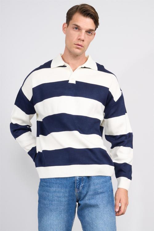 Çetinkaya Mentality 5257 Erkek Polo Yaka Çizgili 2/35 Akrilik Triko Lacivert-Krem