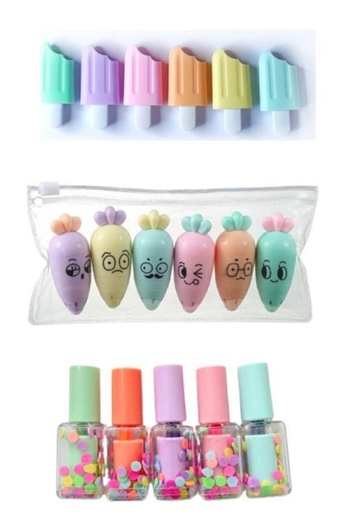 Mini 3 Parça Fosforlu Kalemler Seti - Dondurma - Sevimli Havuç Ve Oje Fosforlu - Ege Fotokopi Seti