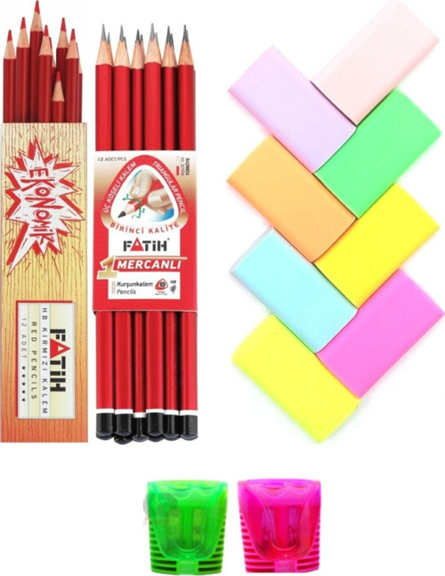 Kurşun Kalem 12 Adet + 12 Adet Kırmızı Başlık Kalemi + 2 Adet Onas Kalemtraş + 8'Li Pastel Silgi