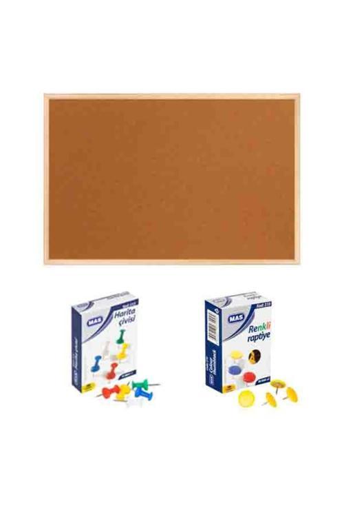 60X90 Cm Ahşap Çerçeve Mantar Pano + 1 Paket Harita Çivisi + 1 Paket Raptiye  Pan116