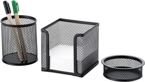 3"Lü Masaüstü Set Siyah Tel Kalemlik, Ataşlık, Kağıtlık Fx