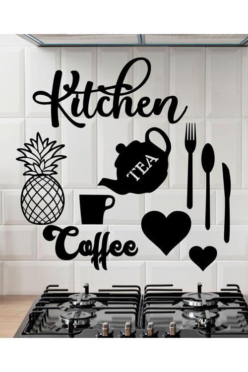 10 Parça Mutfak Coffee Kitchen Lazer Kesim Siyah Duvar Dekorasyon Ürünü