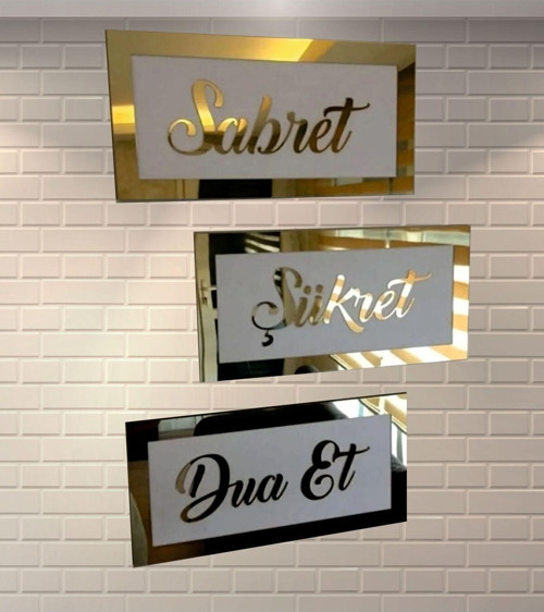 3D Beyaz Üzerine Gold Pleksi Sabret Şükret Dua Et Seti