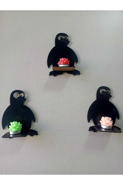 Penguen Ahşap Dekoratif Duvar Mumluk Seti