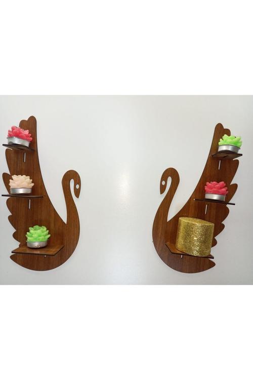 2'Li Ceviz Renkli Kuğu Dekoratif Ahşap Mumluk Seti