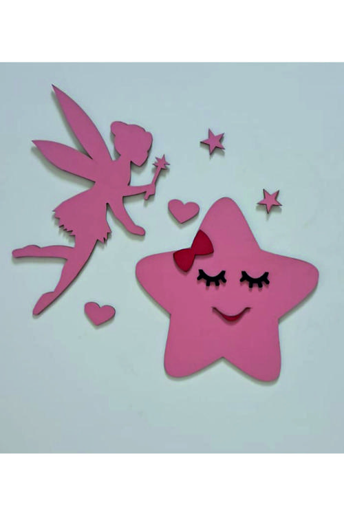 Peri Kızı Gülen Yıldız Kalp Ve Yıldız Çocuk - Bebek Odası Duvar Dekor Seti