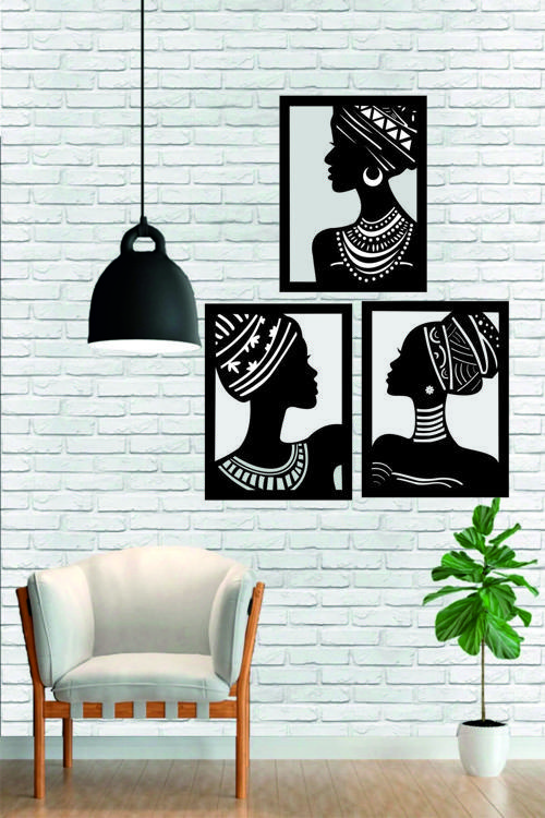 3Lü Afrikalı Kadın Dekoratif Ahşap Portresi