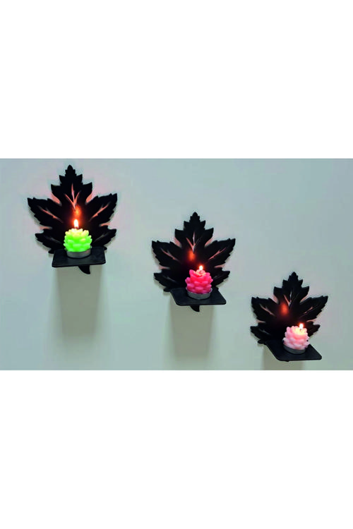 3'Lü Siyah Çınar Yaprağı Dekoratif Ahşap Mumluk