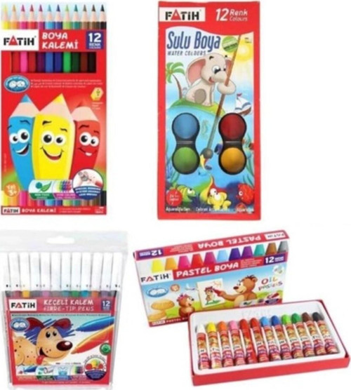 4'Ü Boyama Seti 12 Renk Pastel+ Sulu Boya + Kuru Boya + Keçeli Kalem