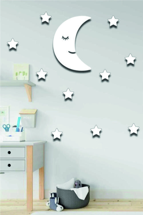 Gülen Aydede + 10 Yıldız Çocuk Ahşap Duvar Süsü Duvar Dekoru Çocuk Odası Duvar Süsü