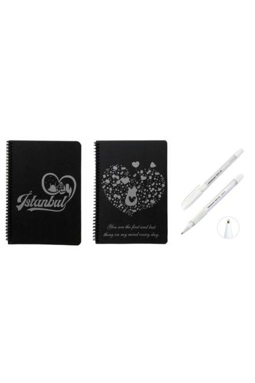 2 Adet Desenli Siyah Defter Siyah Yapraklı Defter - Siyah Sayfalı Defter 2 Adet Beyaz Jel Kalem Side