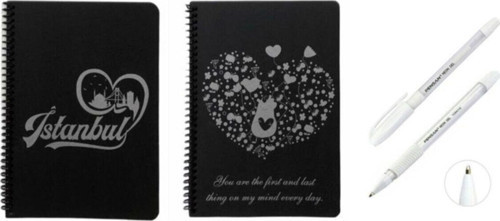 2 Adet Desenli Siyah Defter Siyah Yapraklı Defter - Siyah Sayfalı Defter 2 Adet Beyaz Jel Kalem Side