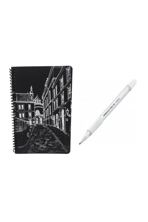 Kapak Desenli Siyah Defter Siyah Yapraklı Defter - Siyah Sayfalı Defter Beyaz Jel Kalem Side