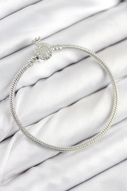 Pirinç Charm Zirkon Taşlı Taç Model Gümüş Renk Kadın Bileklik