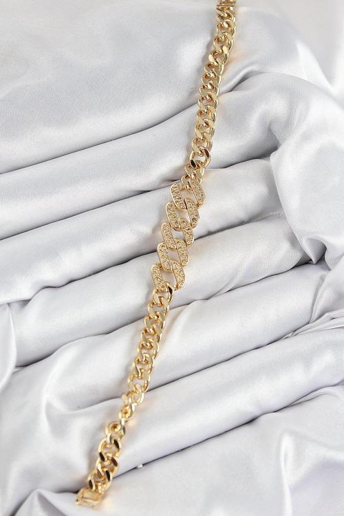 Pirinç Zirkon Taşlı Ezme Küba Zincir Model Gold Renk Kadın Bileklik