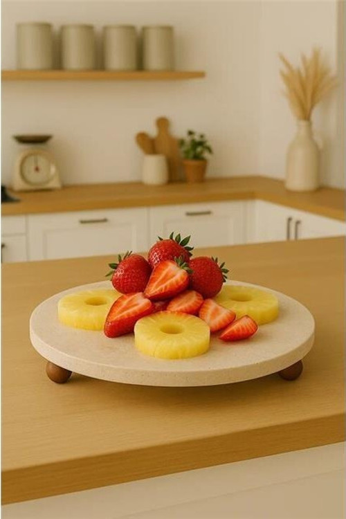 Traverten 30 Cm Ahşap Boncuk Ayaklı Sunumluk