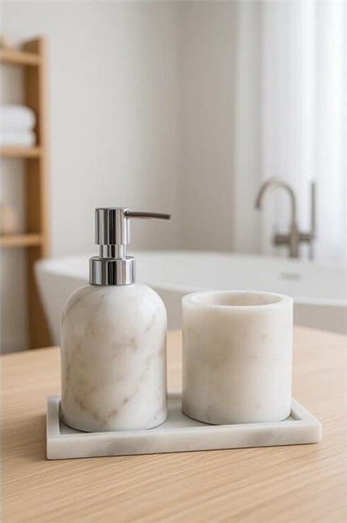 Mermer Beyaz 3 Parça Gümüş Banyo Seti Mutfak Sıvı Sabunluk Seti
