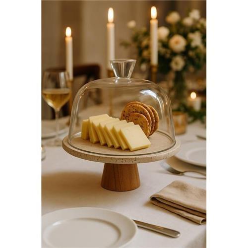 Traverten 25 Cm Ahşap Konik Ayaklı Beyaz Cam Fanus