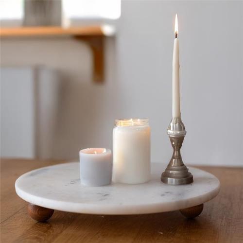 Mermer Beyaz 28 cm Ahşap Boncuk Ayaklı Sunumluk - Kahve ve Tatlı Sunumu - Yağ Standı