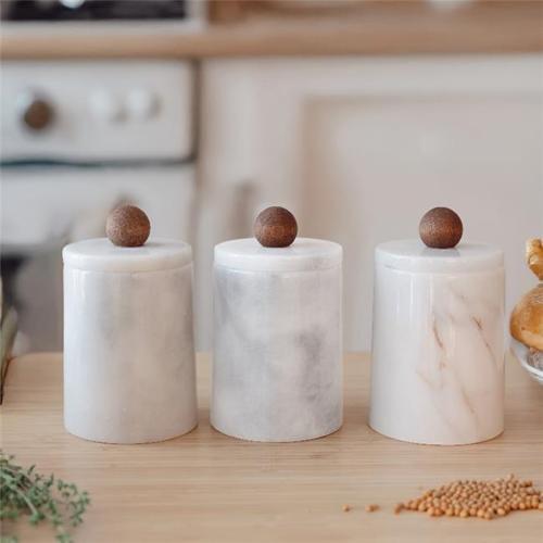 Mermer Beyaz Ahşap Kulplu 3lü Baharatlık