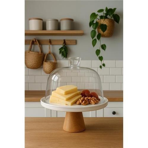 Porselen Ahşap Ayaklı Cam Fanus