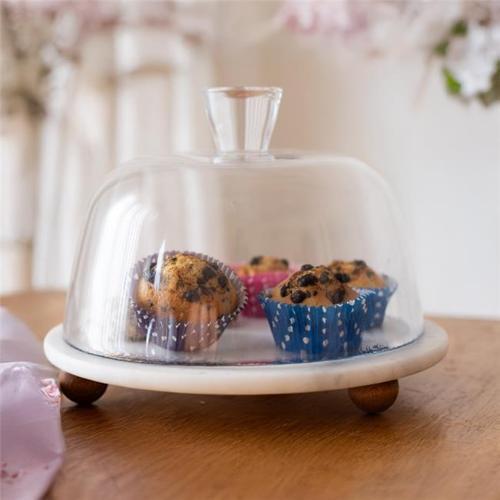 Mermer Beyaz 25 Cm Ahşap Boncuk Ayaklı Cam Fanus - Ekmek ve Kek Standı - Pasta Standı