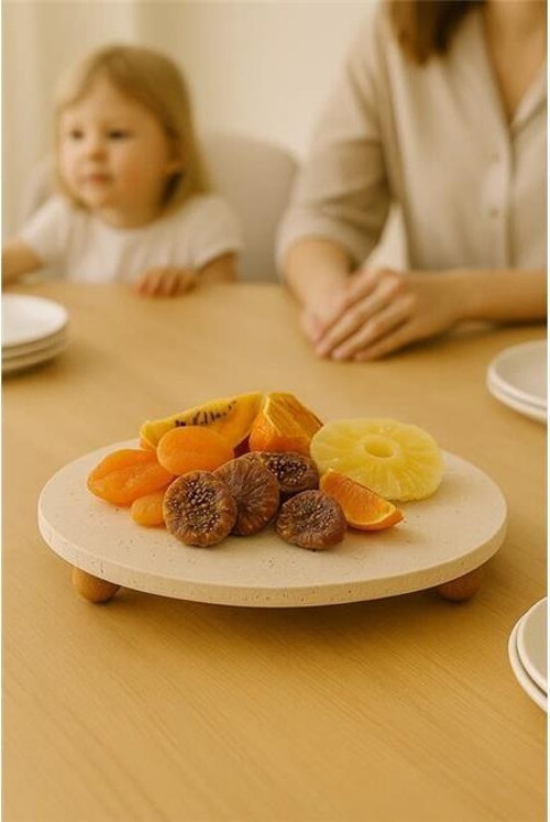 Traverten 25 Cm Ahşap Boncuk Ayaklı Sunumluk